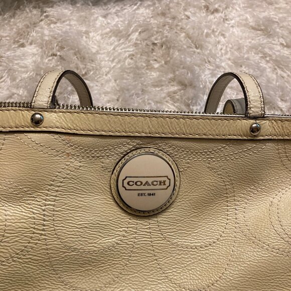 COACH Butter/Pale Yellow Handbag Satchel Green Satin Lined Monogram - Picture 2 of 16